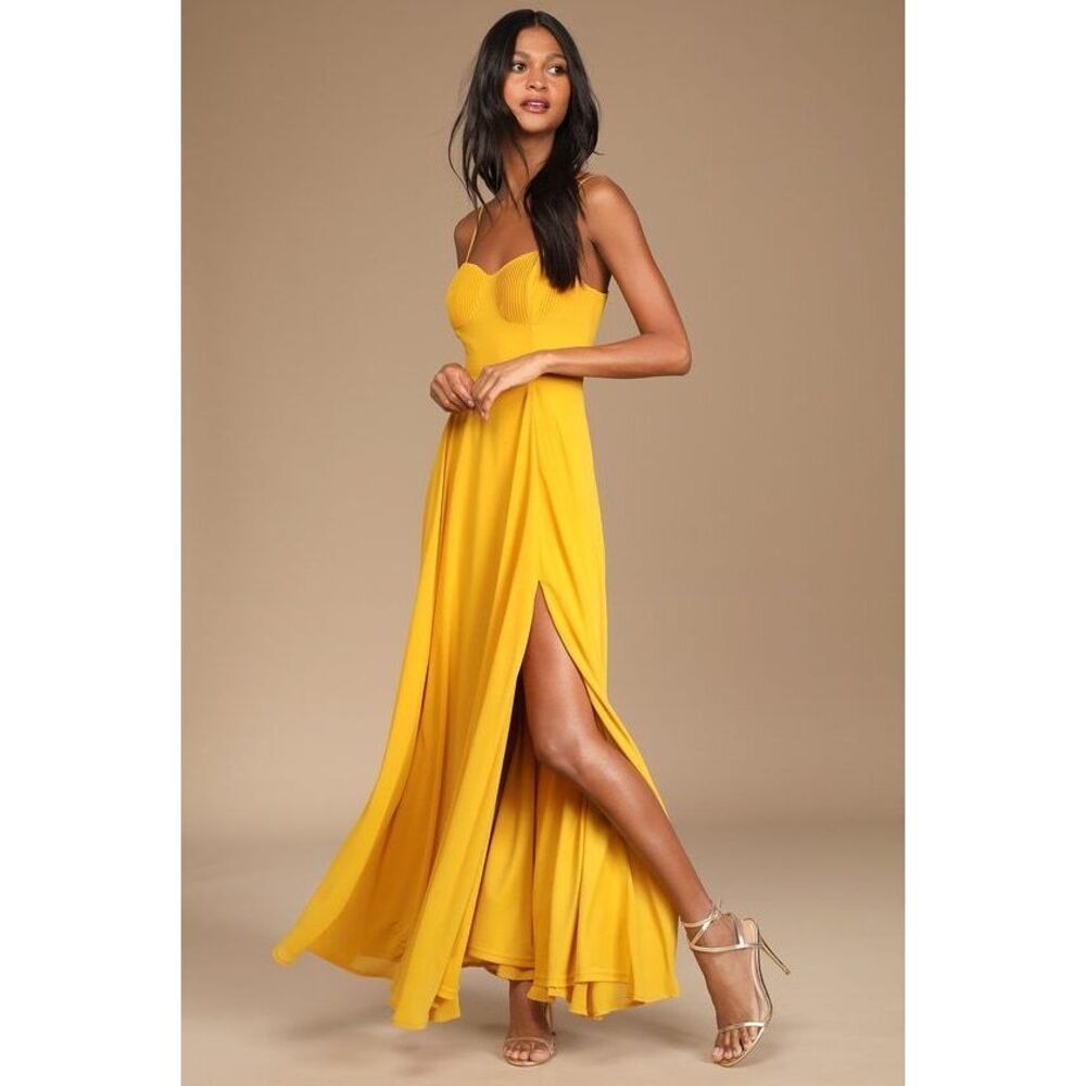 Lulus Cause For Commotion Golden Yellow Pleated Bustier Maxi Dress - Size L